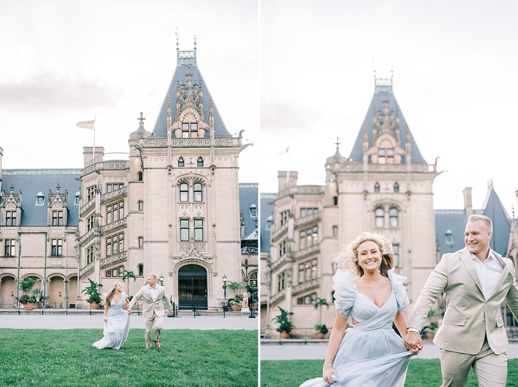 couple running in front of the biltmore estate at engagement session