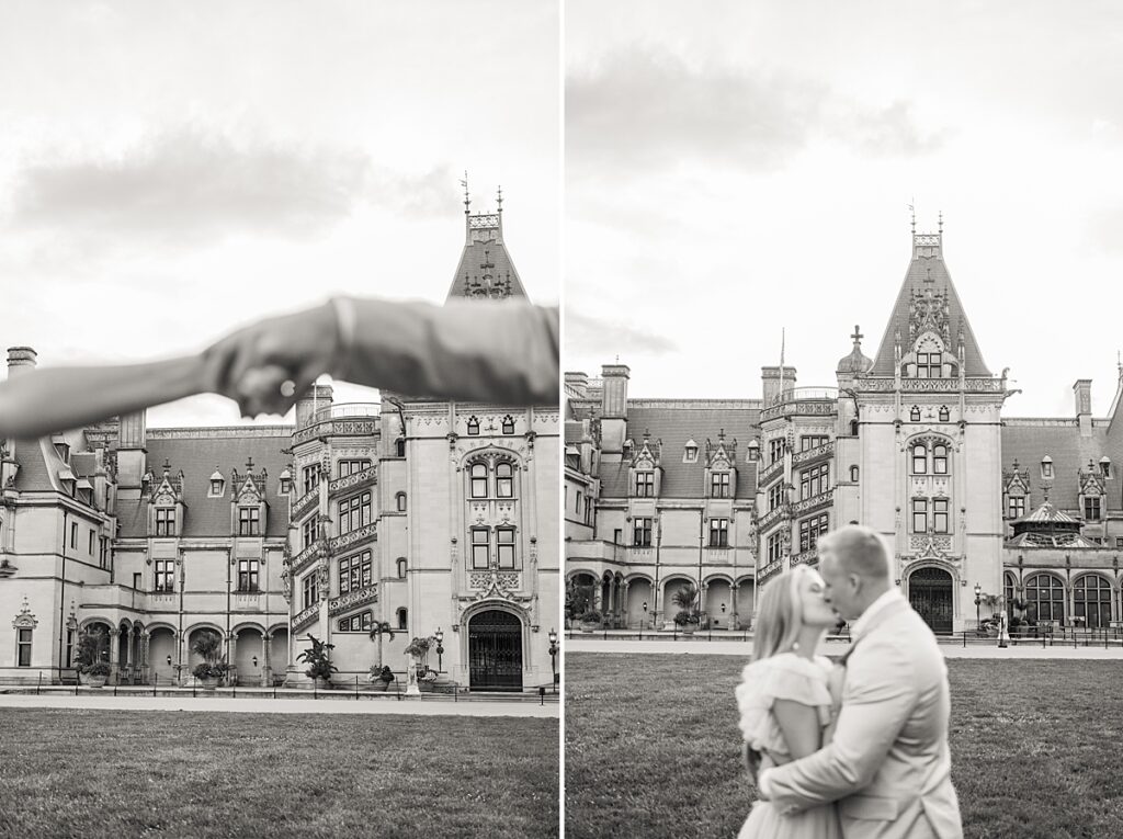 couple hands and kissing in front of the biltmore estate at engagement session
