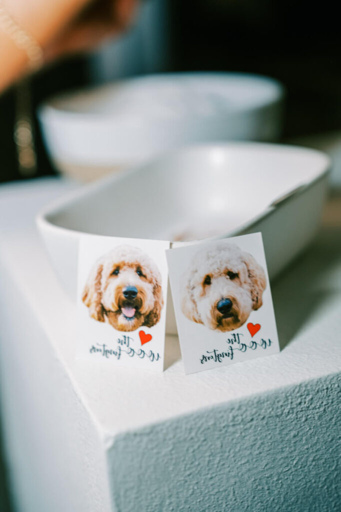 Dog-Themed Wedding Favors - Two small cards featuring illustrations of the couple’s dog with heart details, placed near a white bowl at the wedding reception.