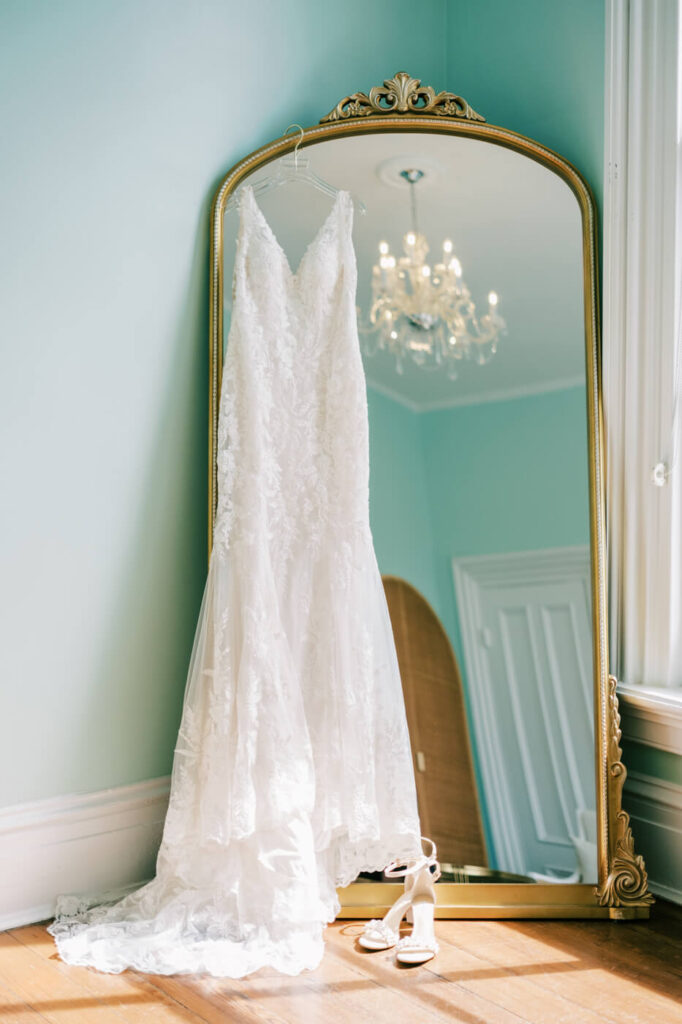 Wedding dress details at the Merrimon-Wynne House in Raleigh, NC.