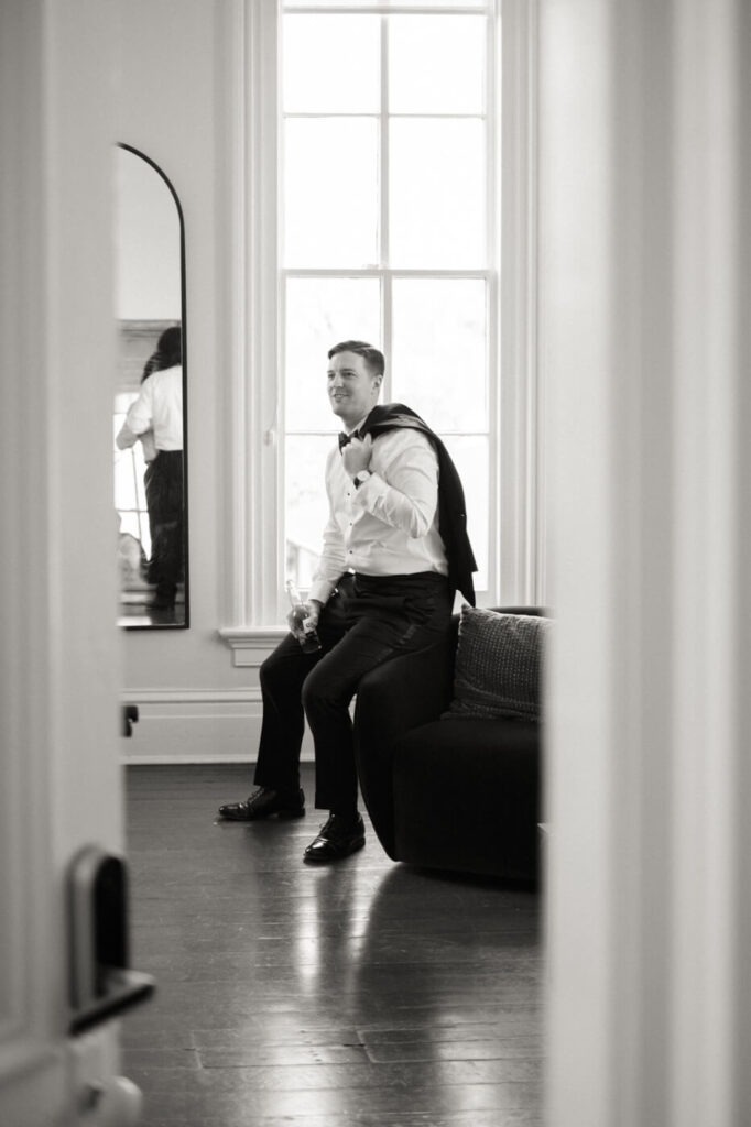 Groom while getting ready at the Merrimon-Wynne House in Raleigh, NC.