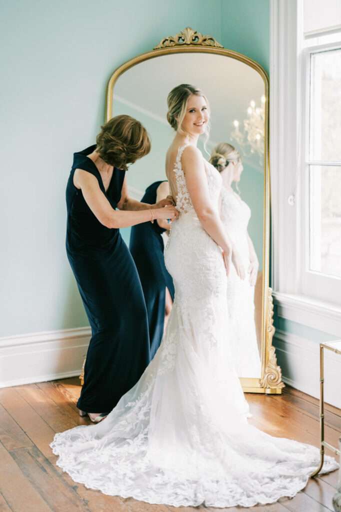 Bride while getting ready at the Merrimon-Wynne House in Raleigh, NC.