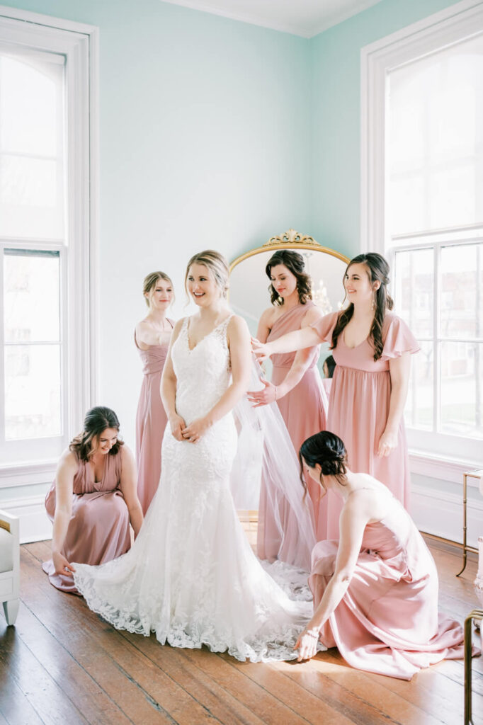 Bride with bridesmaids at the Merrimon-Wynne House in Raleigh, NC.