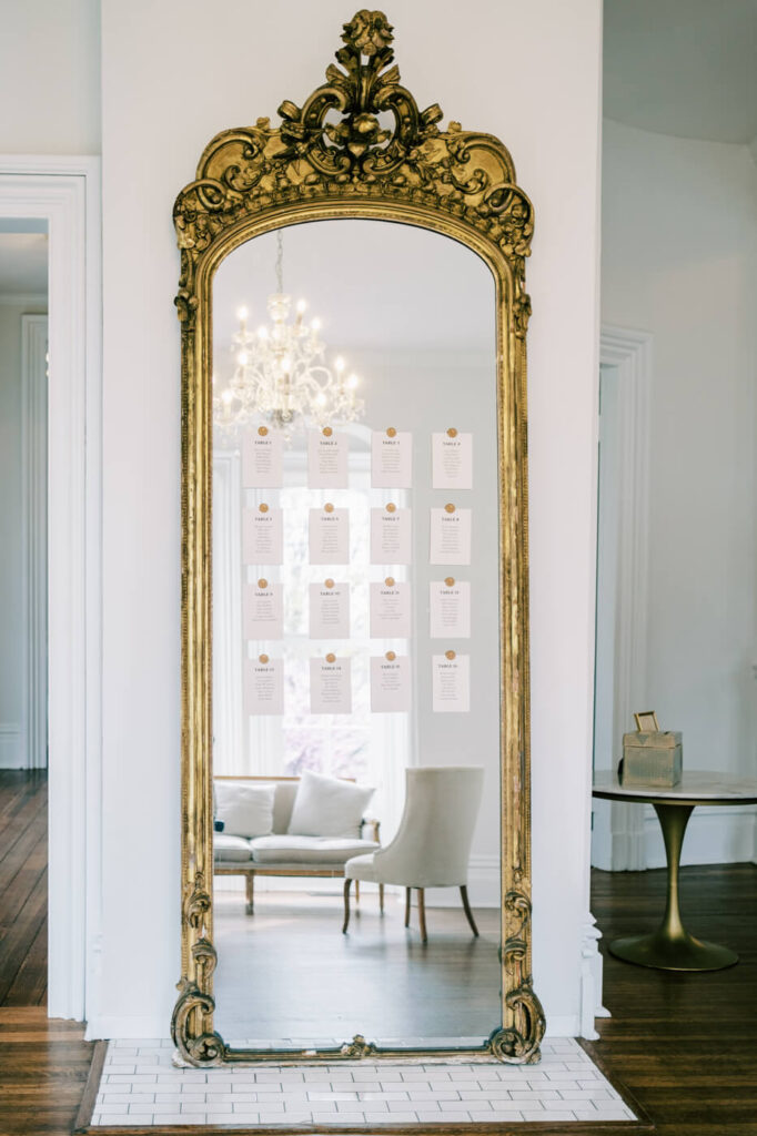 Seating chart on ornate mirror.