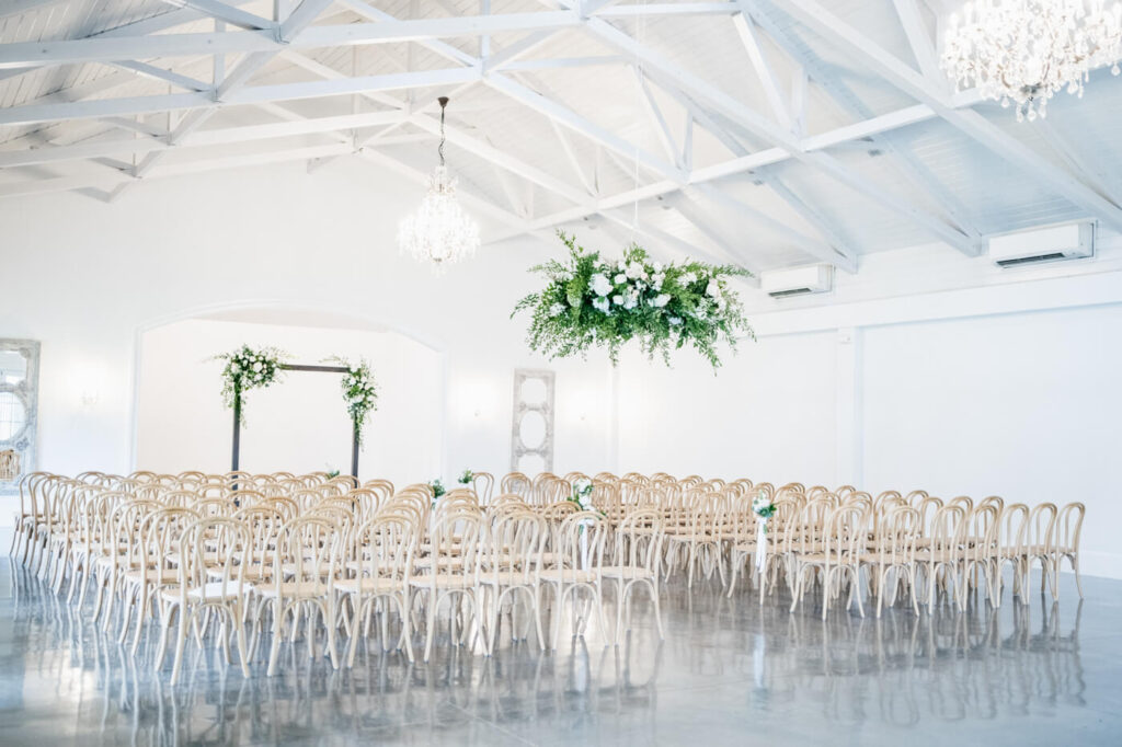 Carriage house at Merrimon-Wynne House arranged for an indoor ceremony.