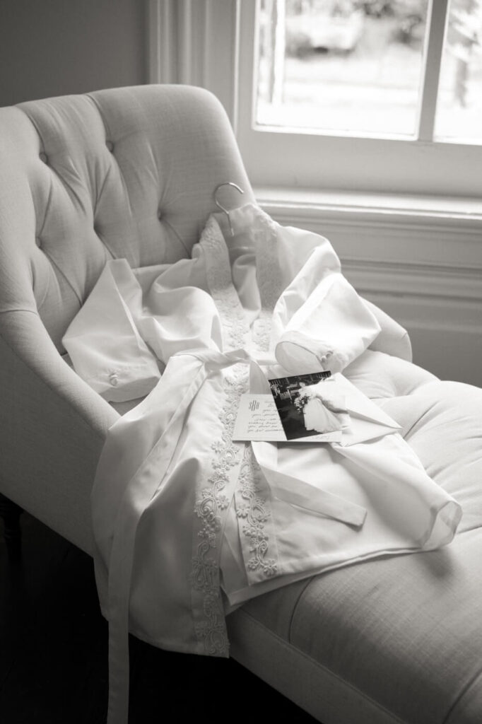 Bridal robe, made from her mother’s wedding dress, while getting ready at the Merrimon-Wynne House in Raleigh, NC.