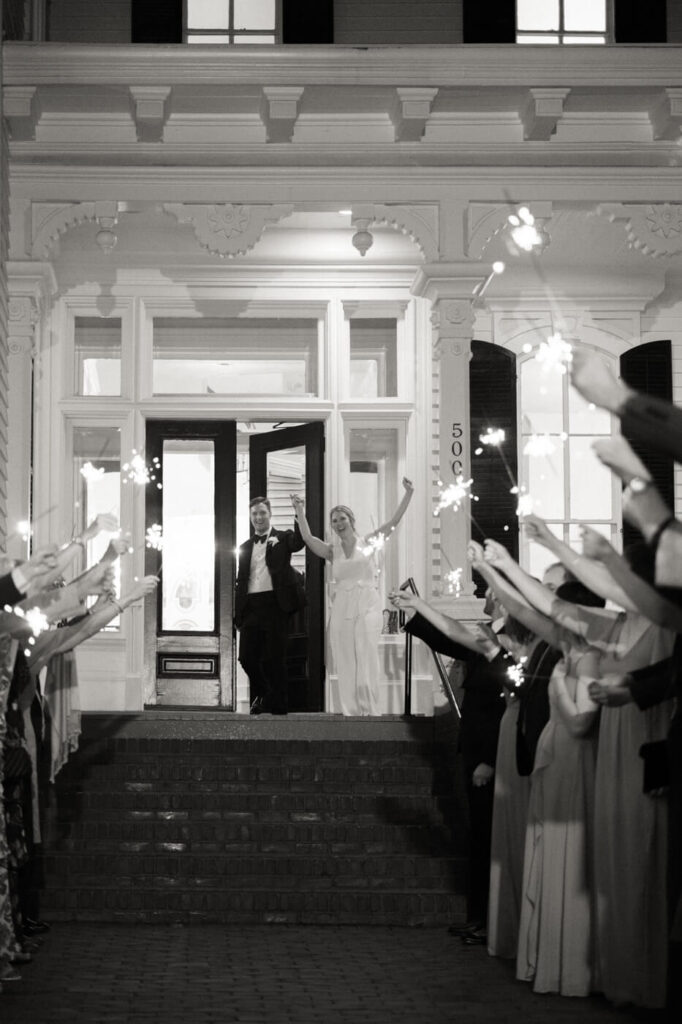 Bride & groom sparkler exit at Merrimon-Wynne House front steps